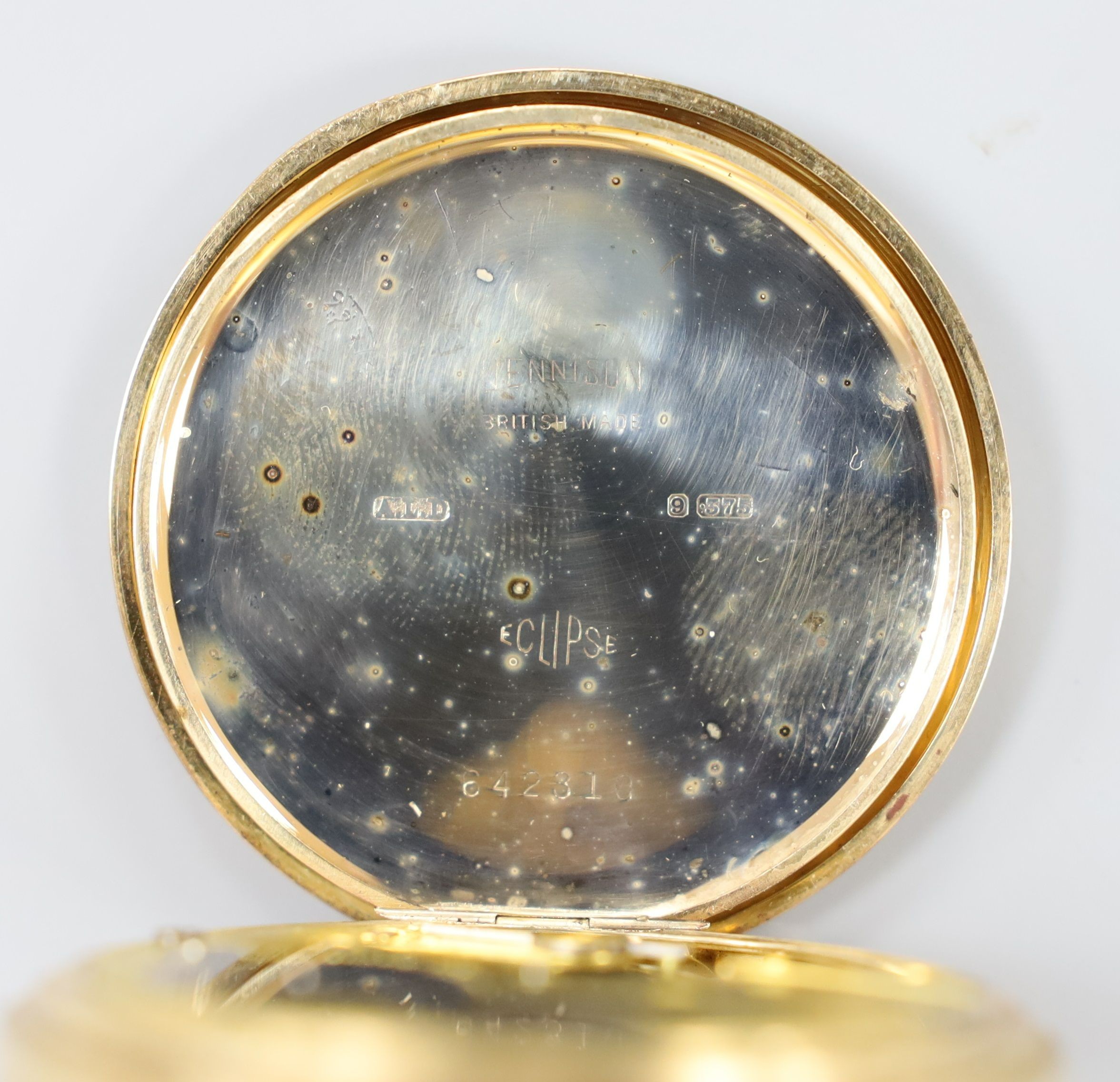 A George V 9ct gold half hunter keyless pocket watch by Samuel of Manchester, case diameter 49mm, gross weight 91.8 grams.